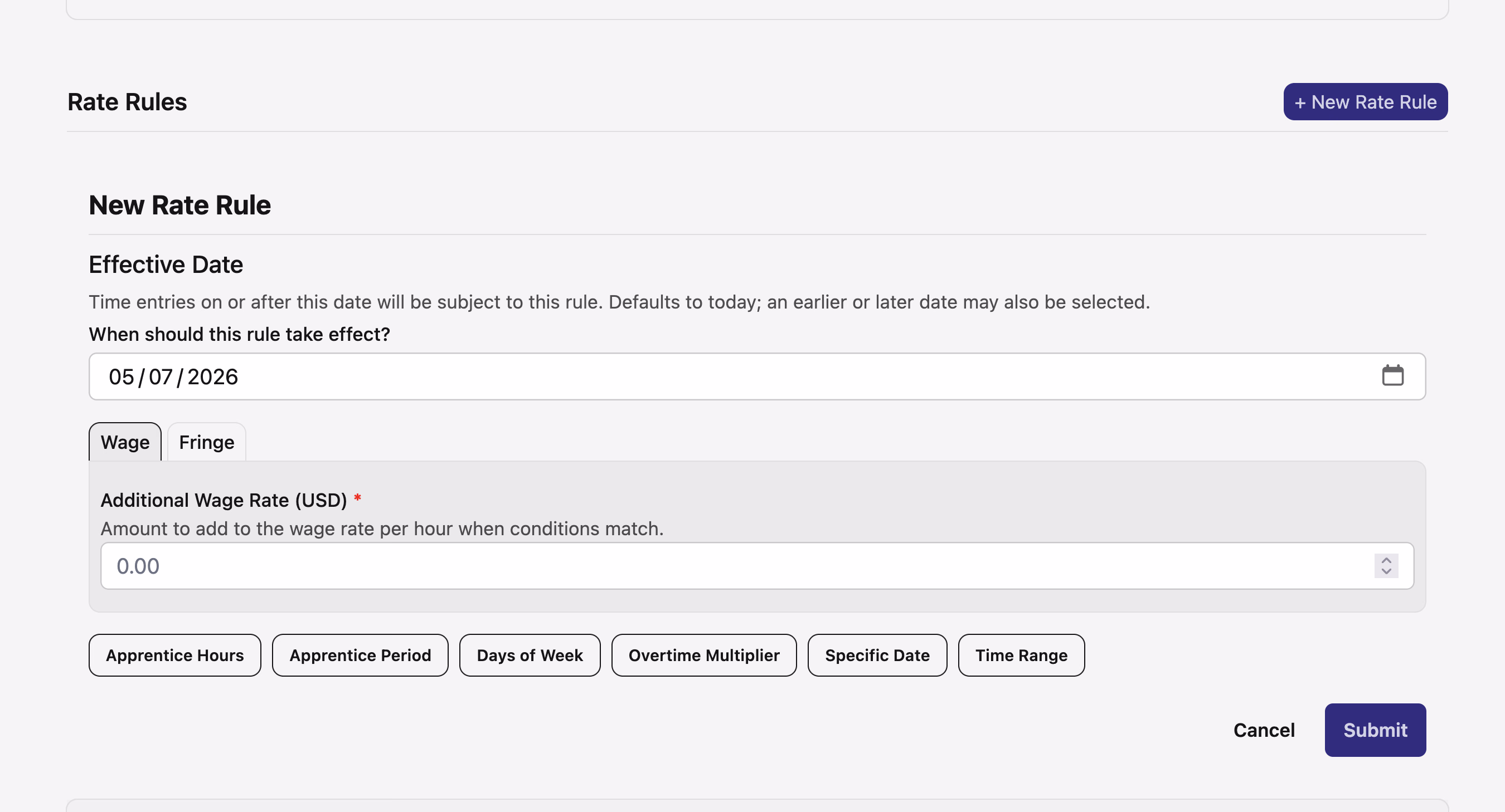 New Rate Rule form showing the new Effective Date input at the top, defaulting to today