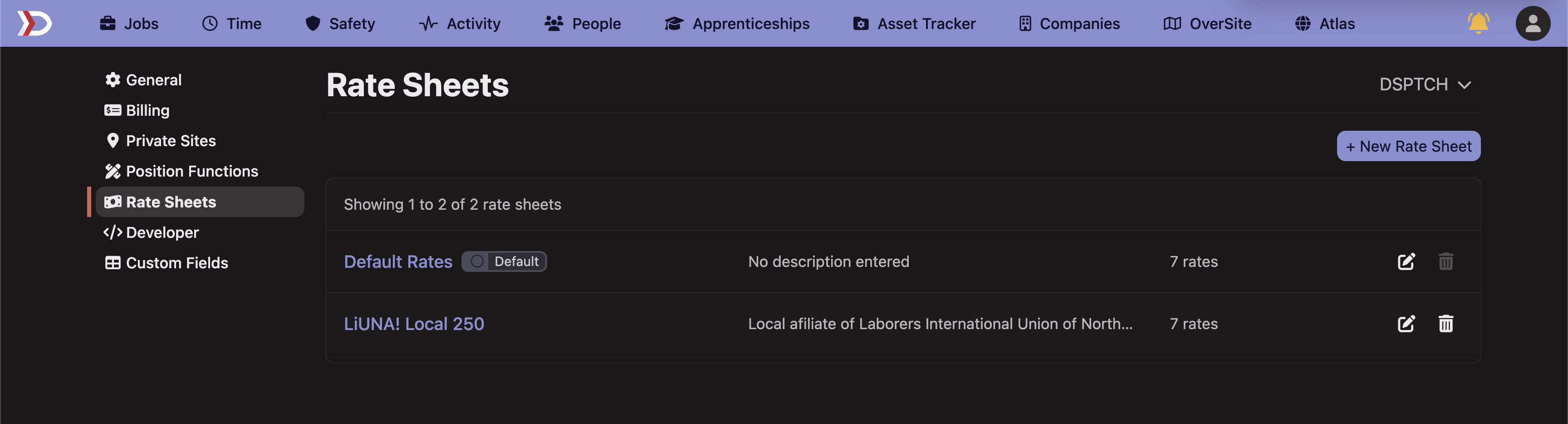 The Rate Sheets page in Settings listing a company's default sheet and a second named rate sheet, each with a rate count and a New Rate Sheet button