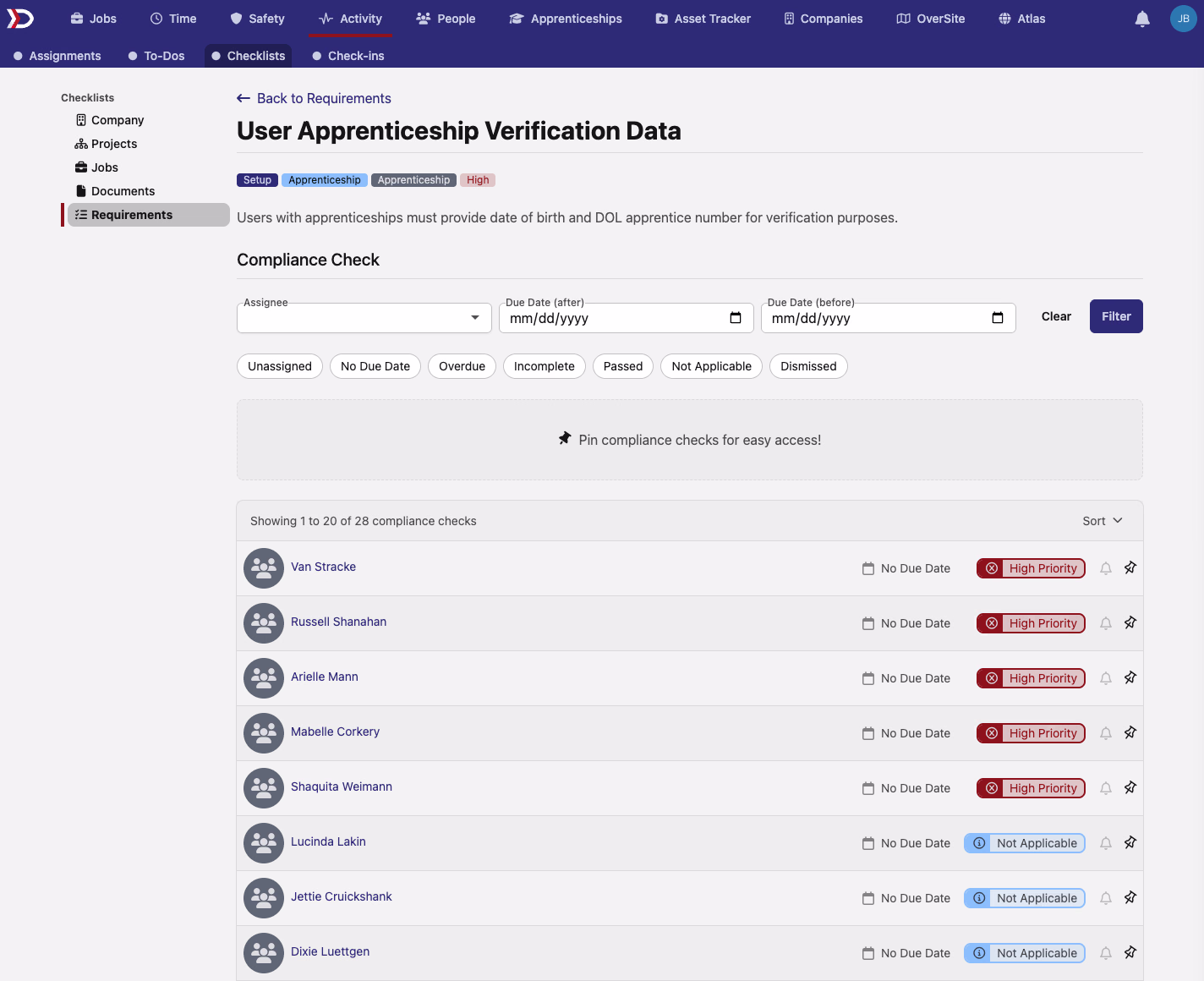 Compliance Requirement detail page for User Apprenticeship Verification Data with the per-user check list and assignee, due-date, and status filters