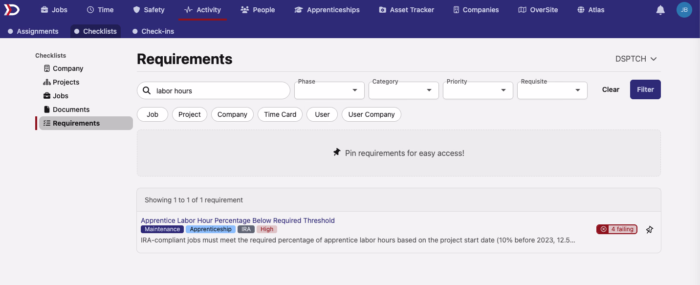 Requirements page with a 'labor hours' search returning the 'Apprentice Labor Hour Percentage Below Required Threshold' requirement via fuzzy match