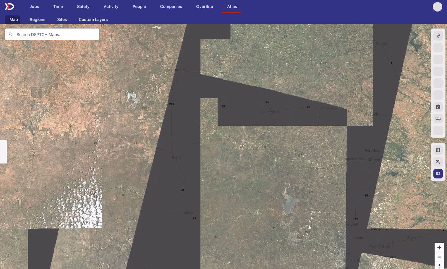 Atlas satellite imagery before the coverage fix, with dark gaps between scenes
