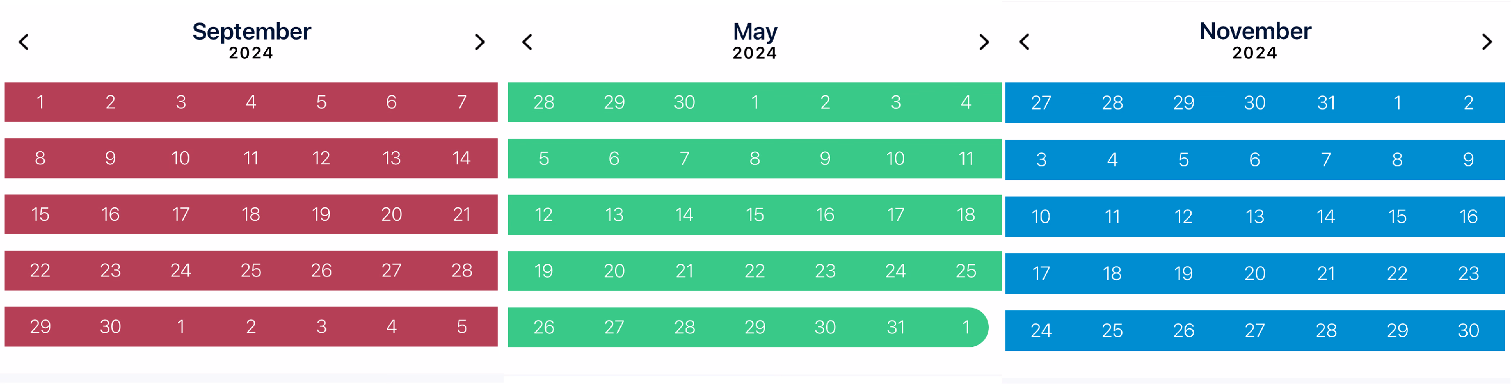 Job calendar grid showing red cancelled, green in-progress, and blue upcoming color bands