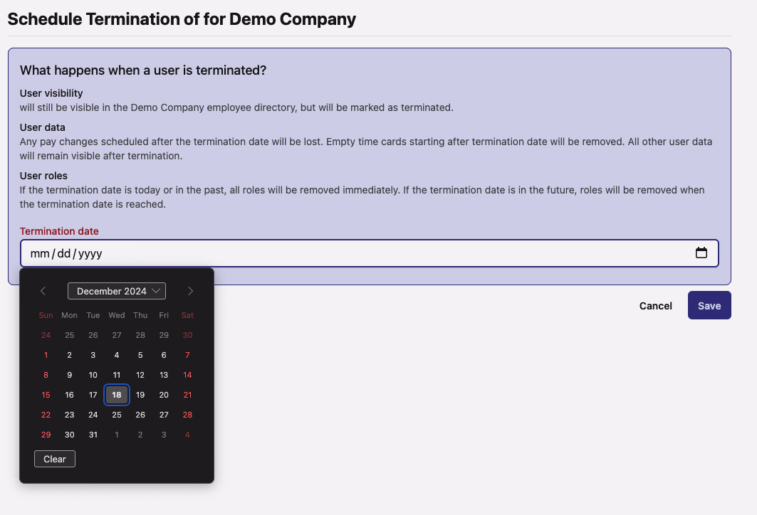 Schedule Termination form with termination effects explanation and calendar date picker open