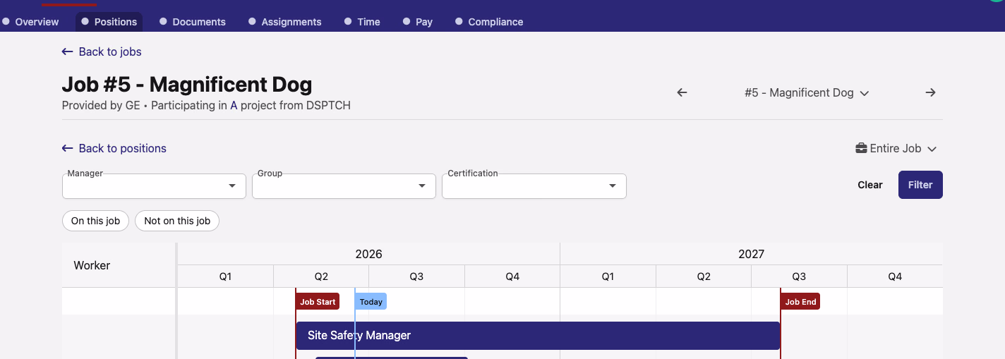 The job scheduler showing Manager, Group, and Certification filters plus On this job and Not on this job toggles over a quarterly worker timeline