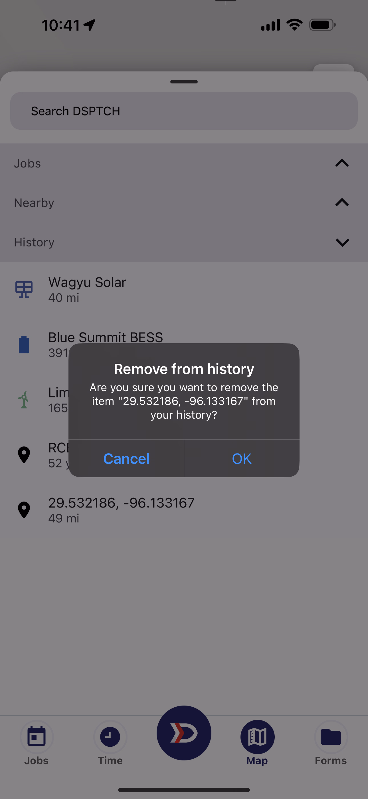 Remove from history confirmation dialog with Cancel and OK buttons