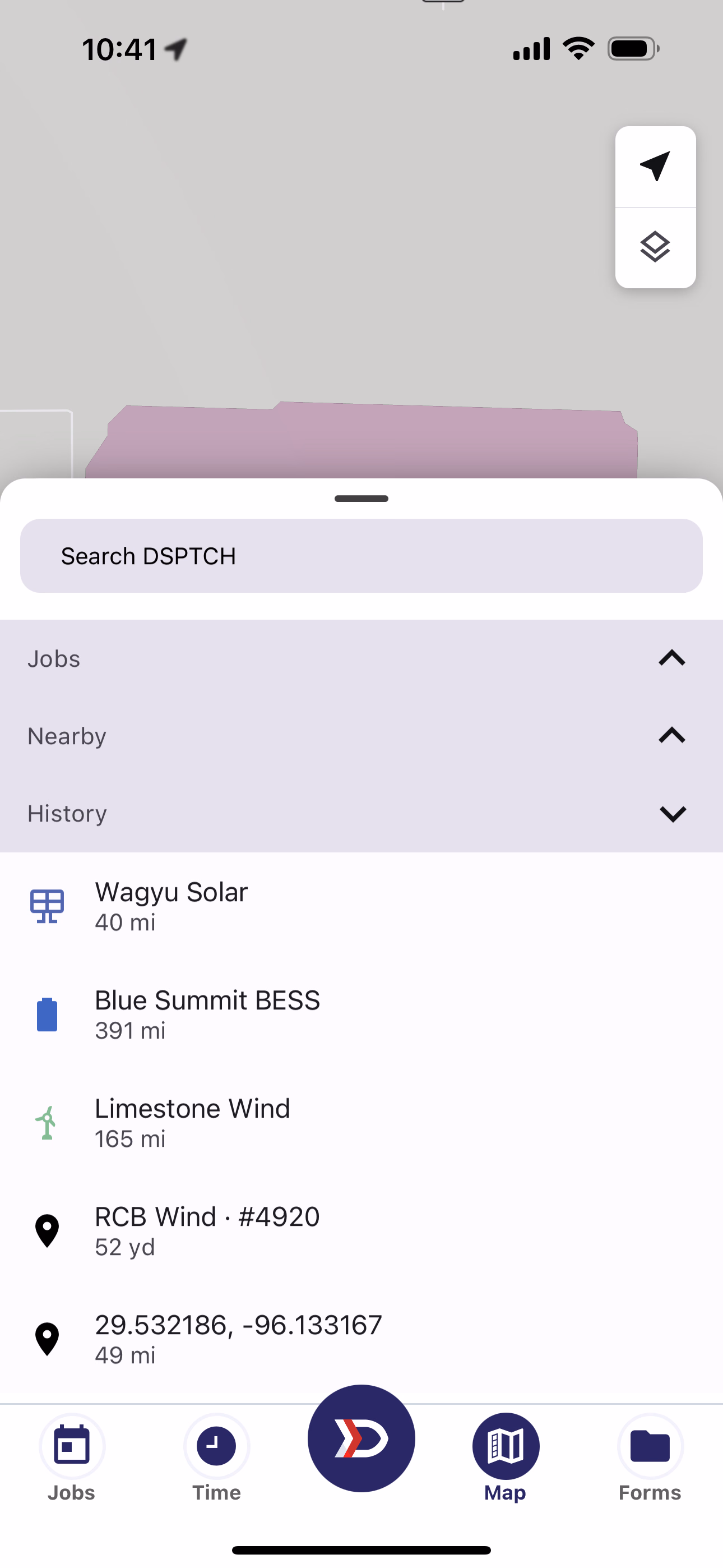 Map Search Tray with the History section expanded listing previously searched locations