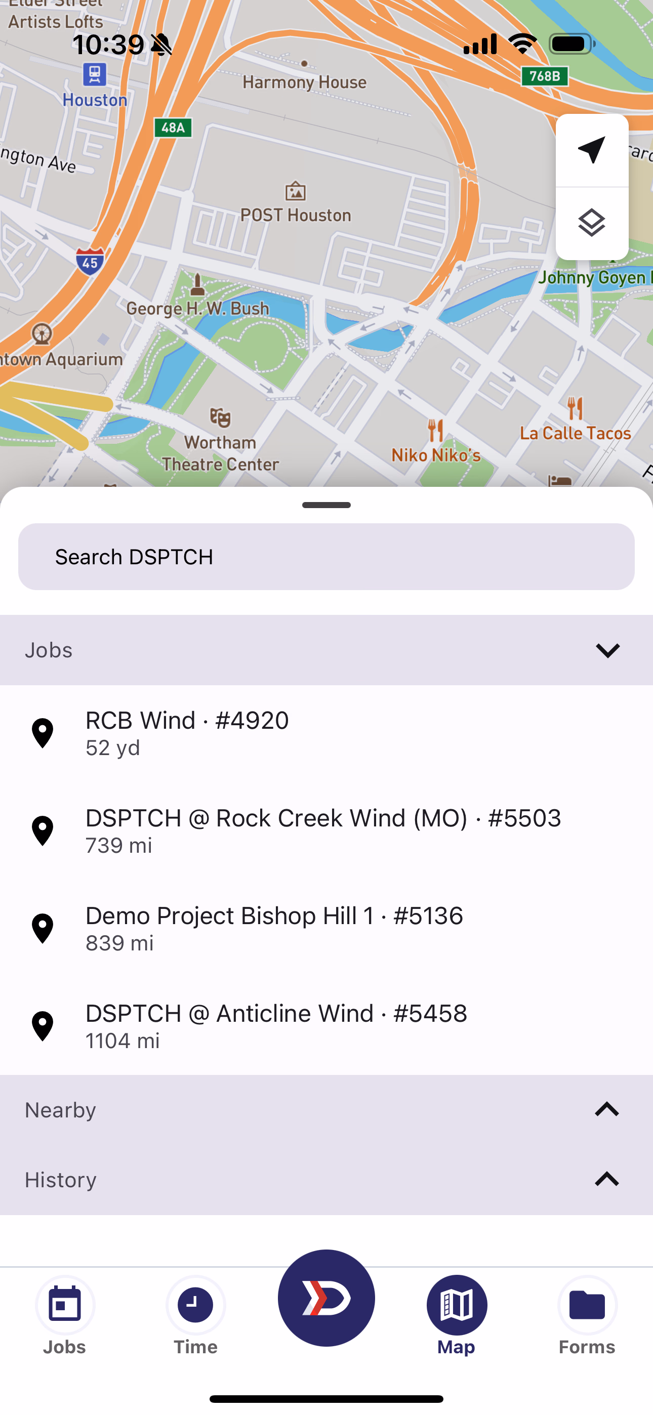 Map Search Tray with the Jobs section expanded listing in-progress job sites
