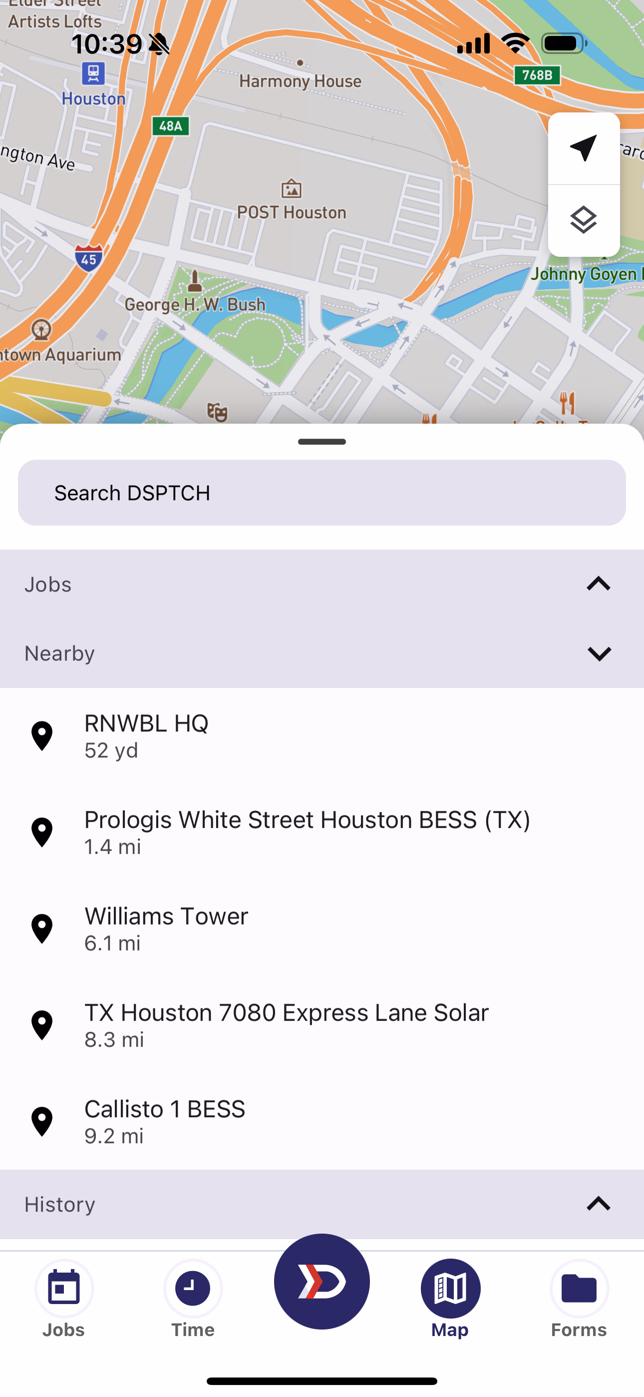 Map Search Tray with the Nearby section expanded listing the closest DSPTCH sites by distance