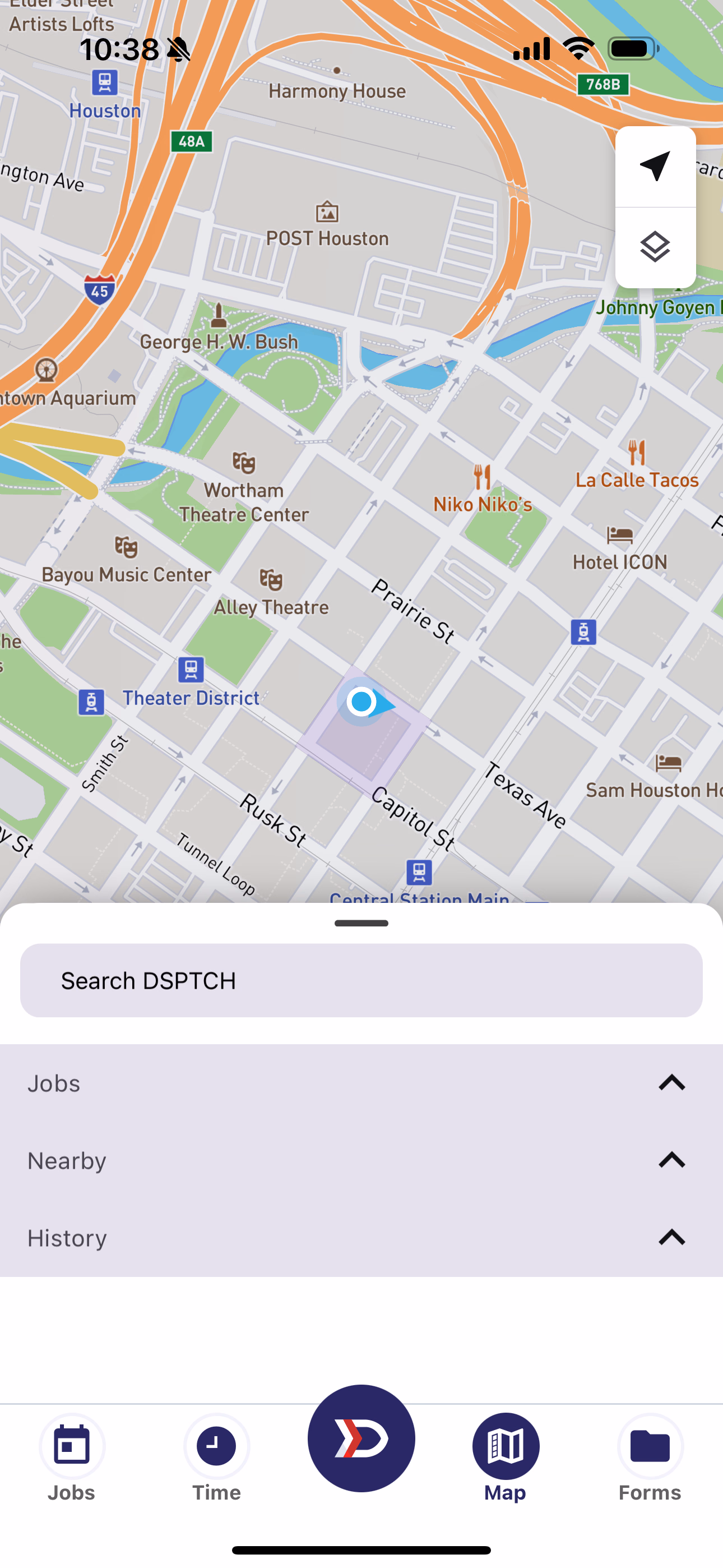 Map Search Tray with default Jobs, Nearby, and History section headers collapsed