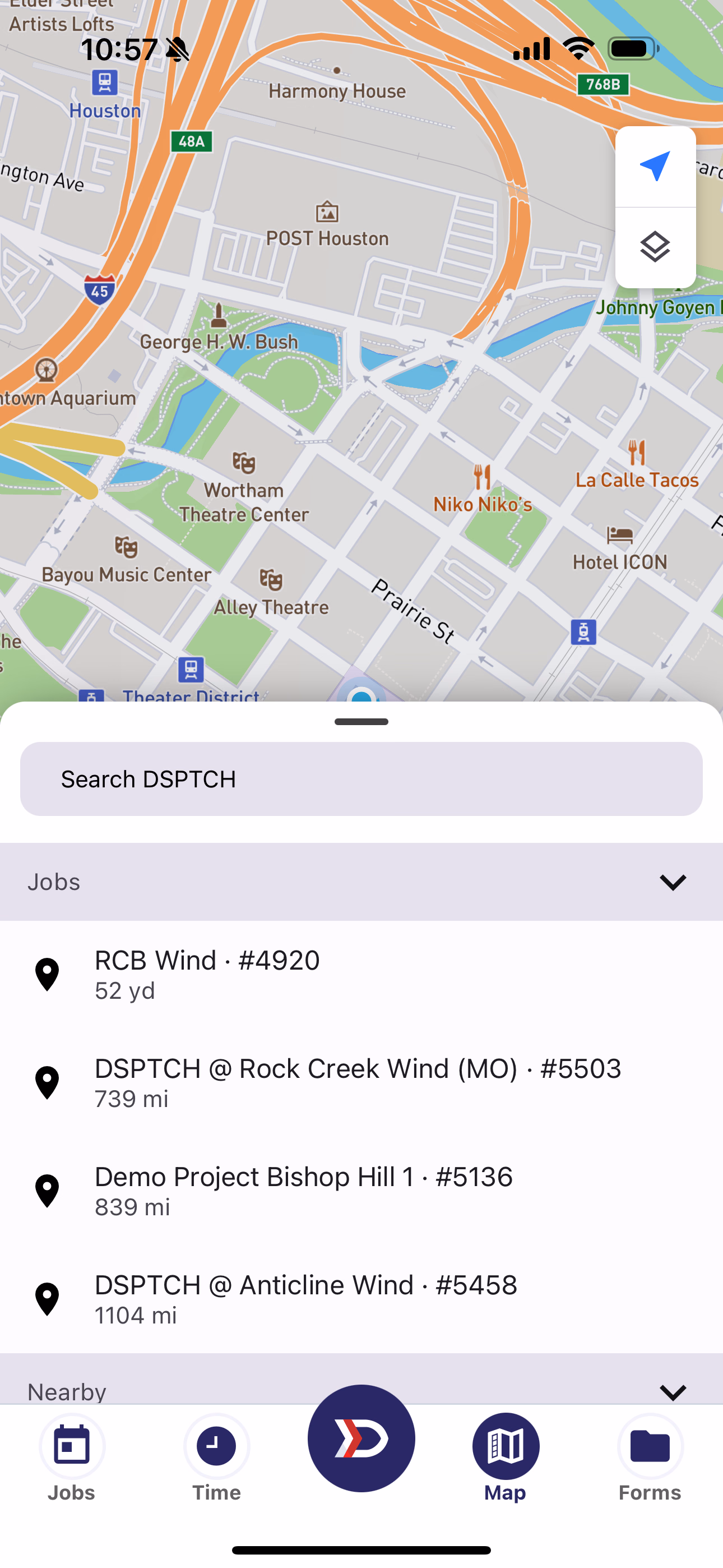 Map Search Tray at medium position showing the Jobs section with several entries and a glimpse of Nearby