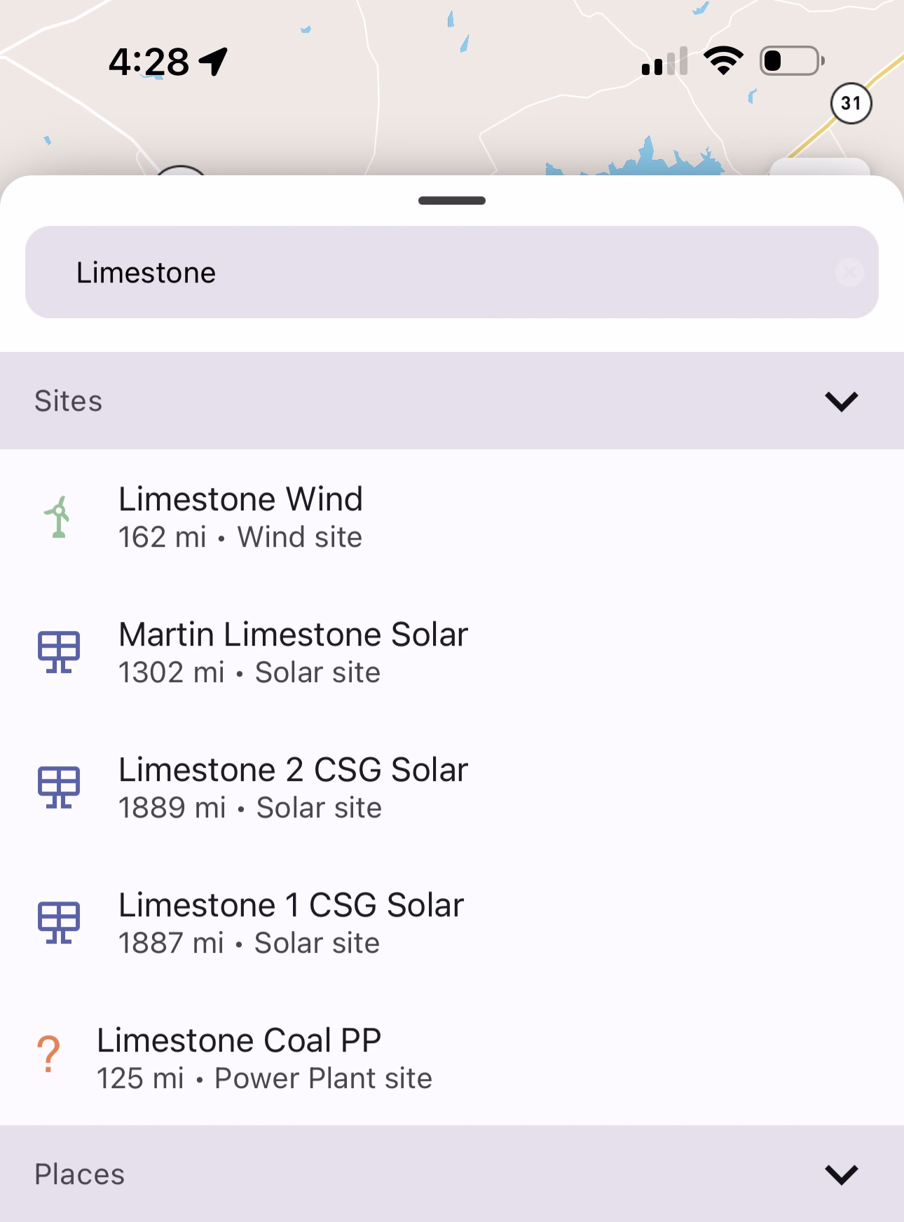 Limestone search results with the All Sites filter showing wind, solar, and power plant matches
