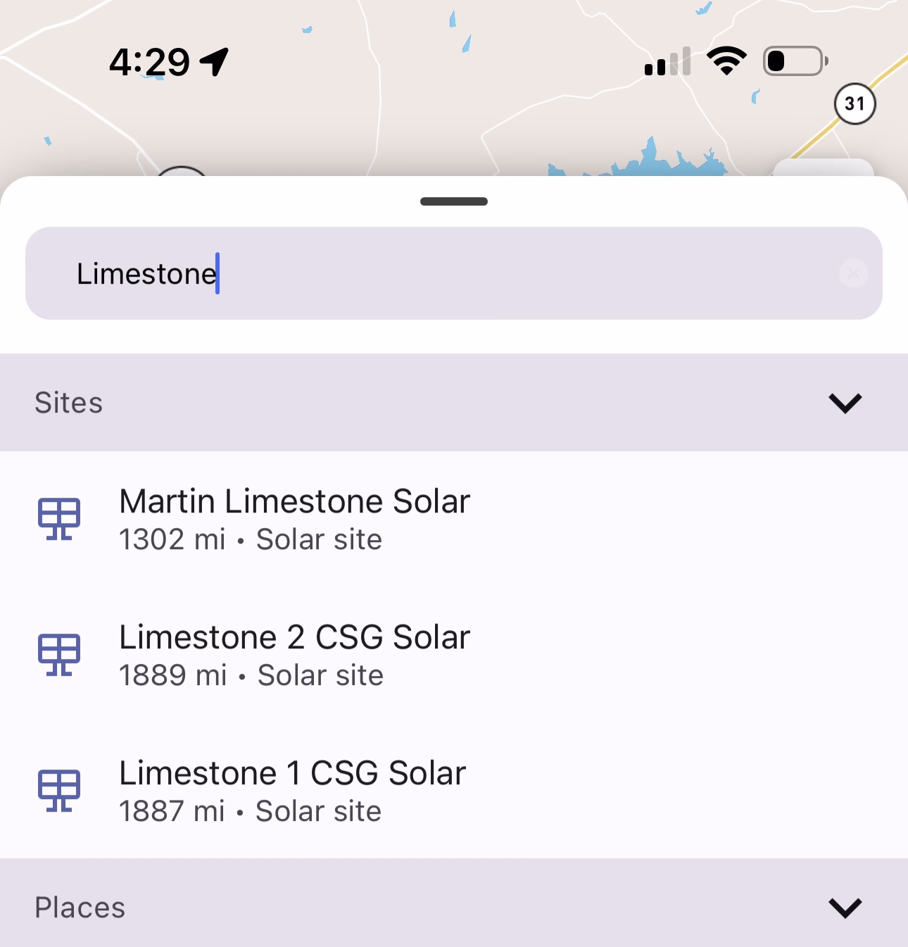 Limestone search results filtered to Solar sites only showing only solar matches