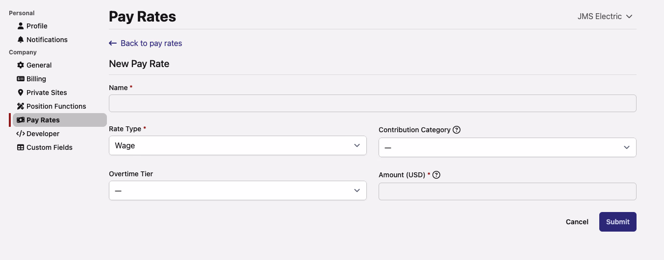 The New Pay Rate settings form with Back to pay rates navigation, Rate Type, Contribution Category, Overtime Tier, and Amount fields