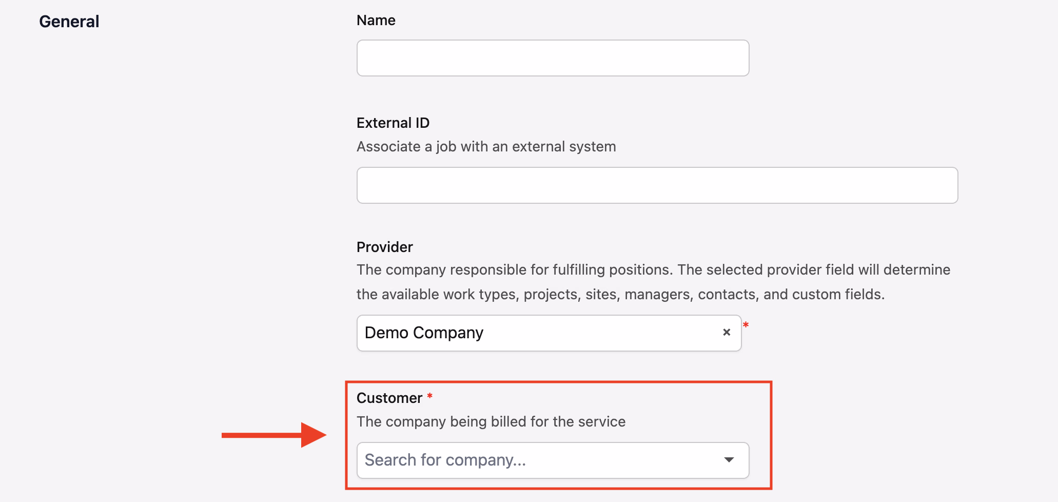 Create Job form General section with the Customer search field highlighted