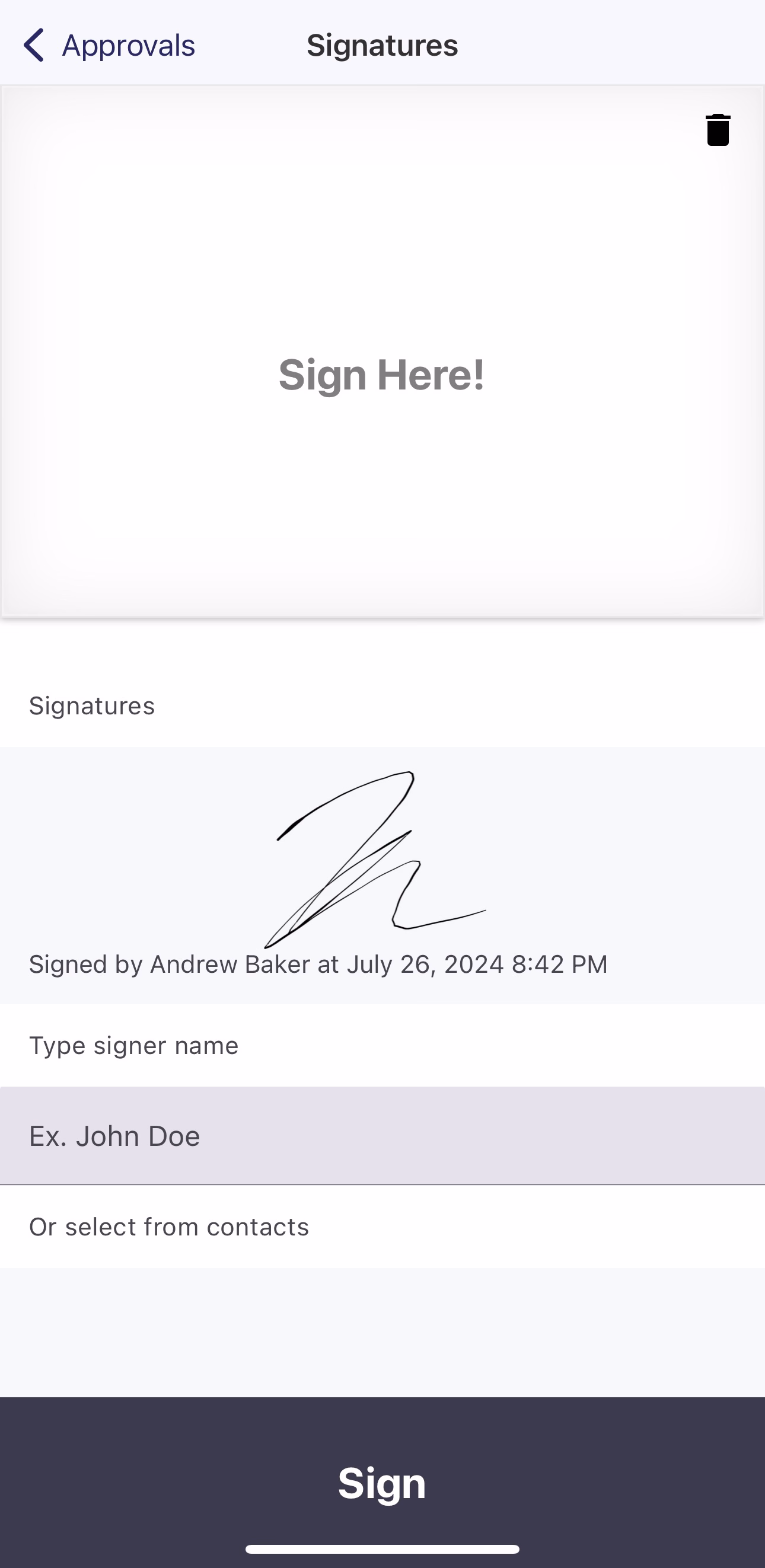 Signatures screen showing a saved signature for Andrew Baker and a fresh signature pad ready for more