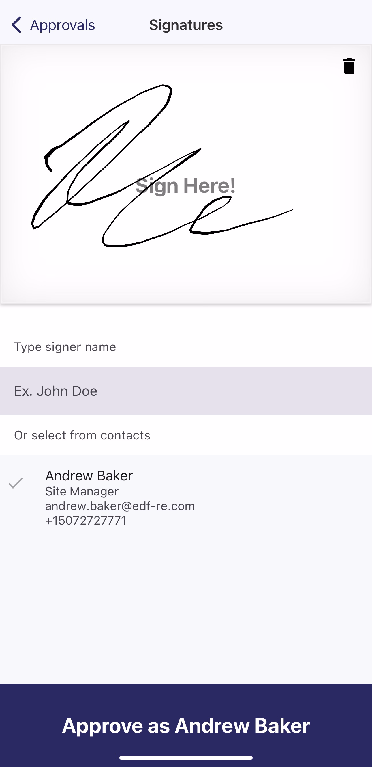 Signature pad with a signature drawn, Andrew Baker selected from Job Contacts, and the Approve button