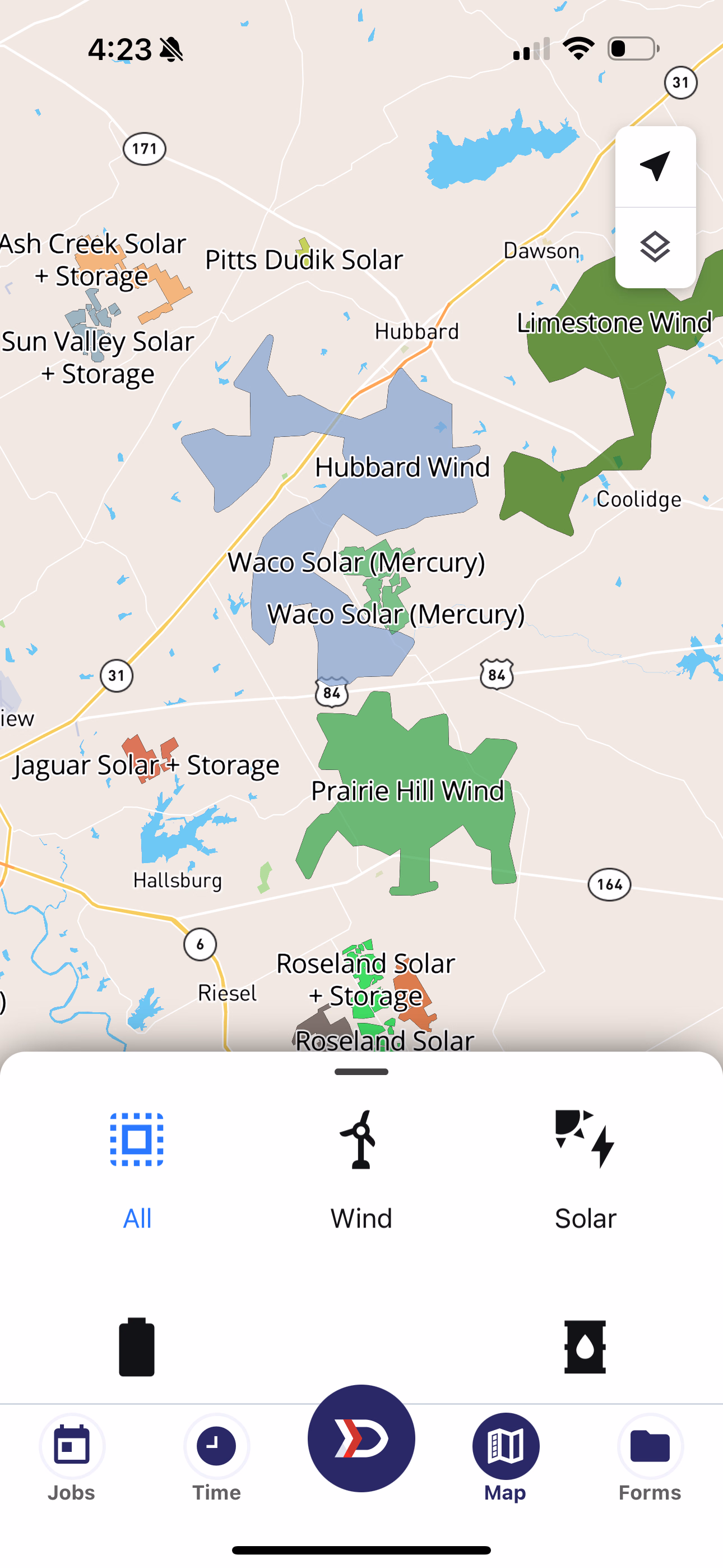 Map with the All Sites filter applied showing wind, solar, and battery sites mixed together