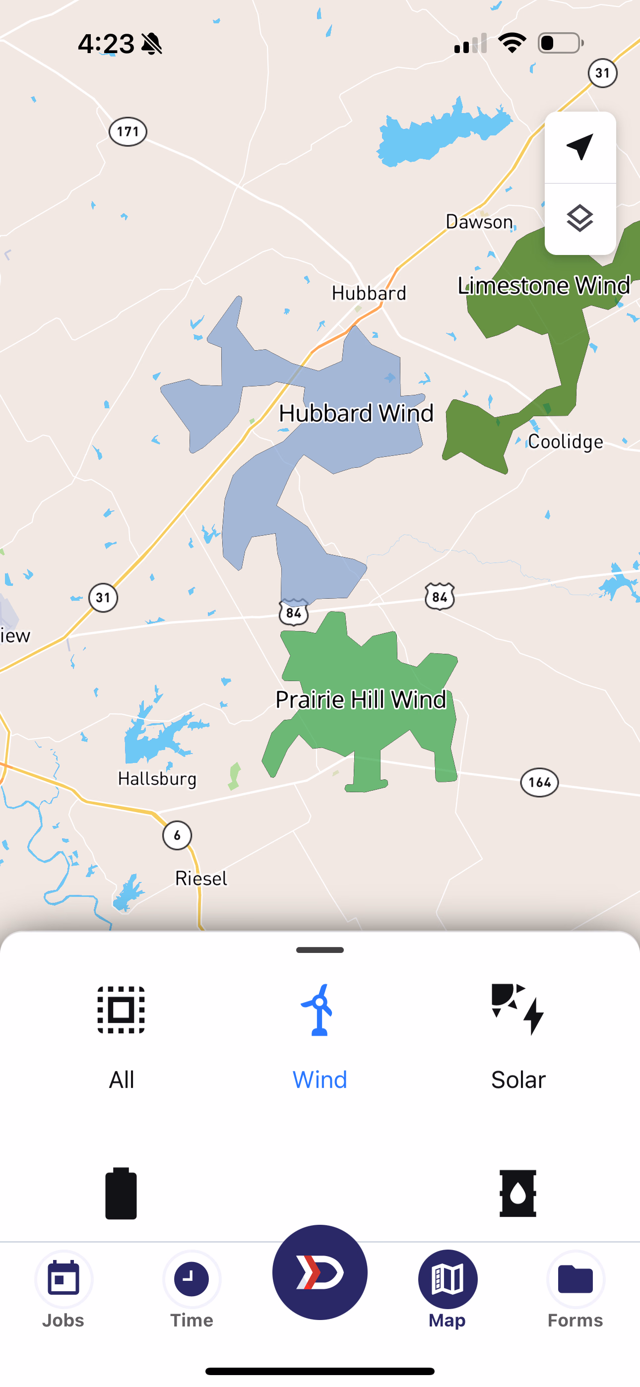 Map filtered to Wind sites only showing wind projects without solar sites
