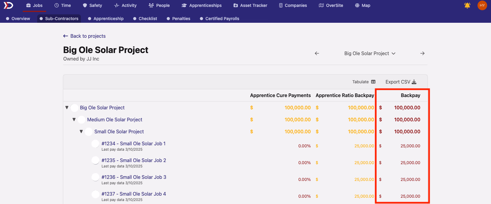 Sub-Contractors tab with Backpay column highlighted