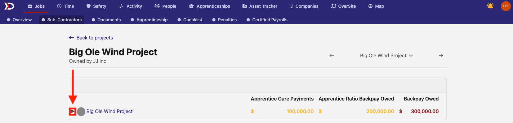 Sub-Contractors tab with expand arrow highlighted on the project hierarchy row