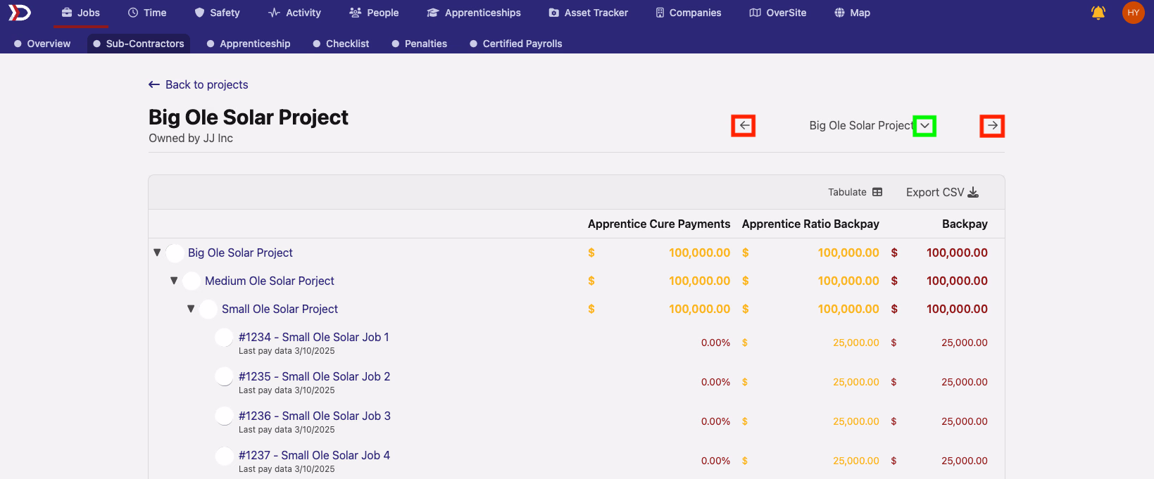Sub-Contractors tab with left and right navigation arrows and project name dropdown highlighted