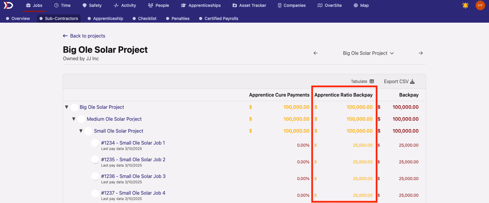 Sub-Contractors tab with Apprentice Ratio Backpay column highlighted