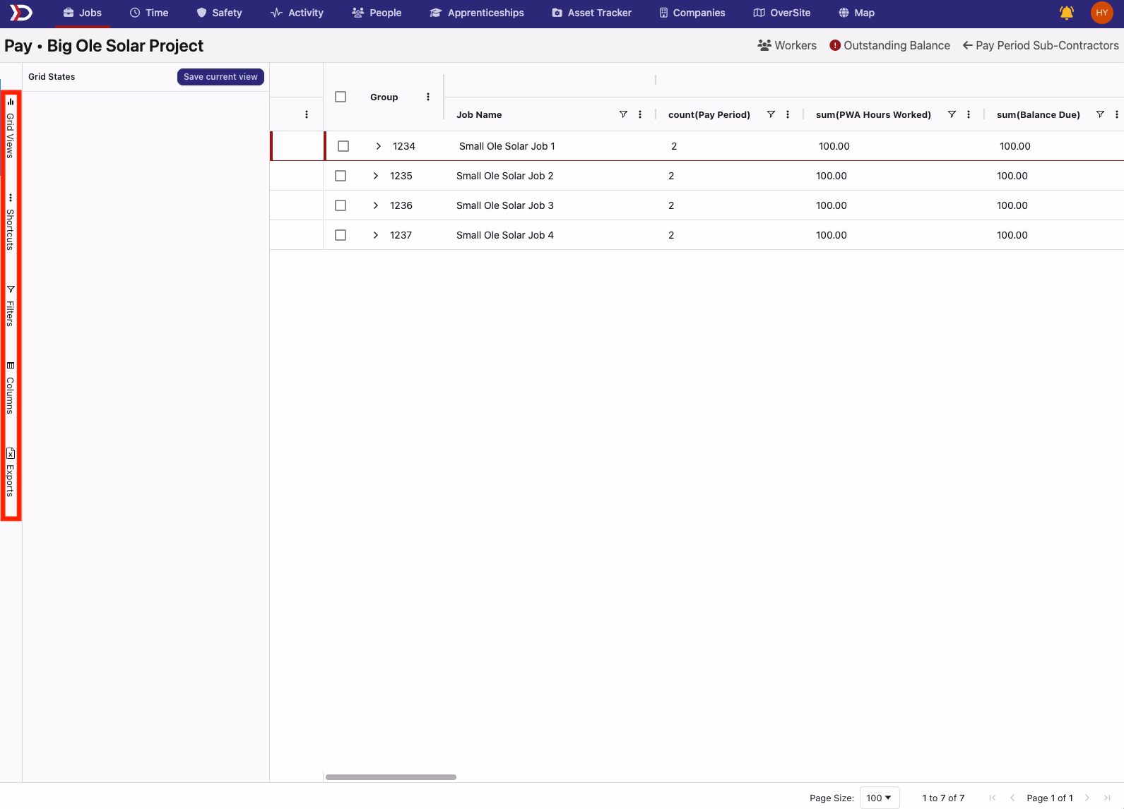 Tabular view with left sidebar showing grid views, shortcuts, filters, columns, and exports options