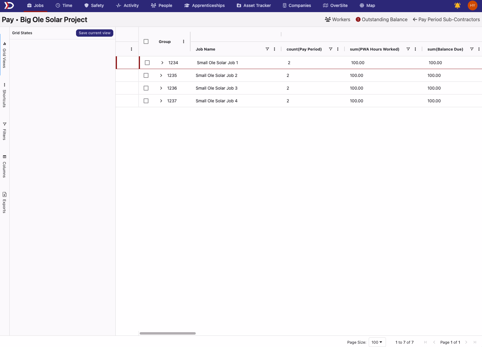 Tabular view of sub-contractors showing job names, pay period counts, and balance due columns