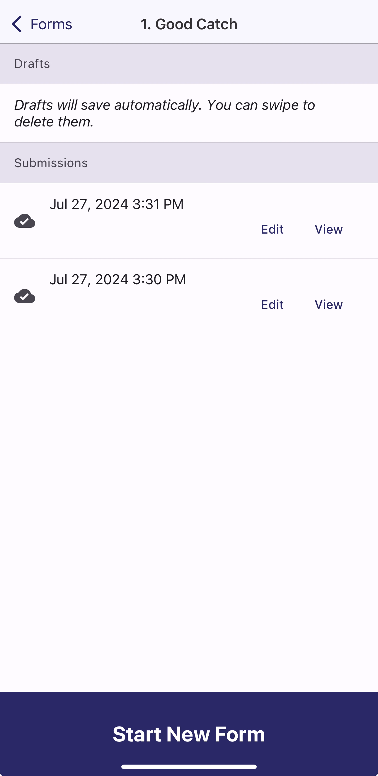 Form submissions panel showing past submissions with Edit and View buttons