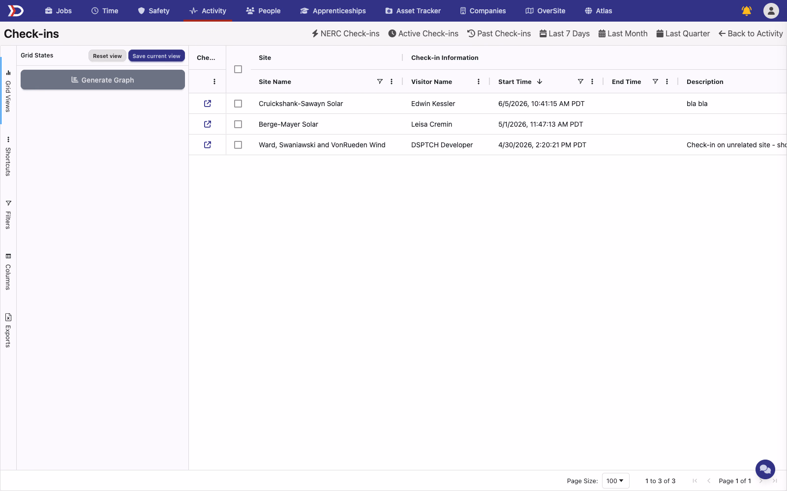 Tabulate page showing the spreadsheet-style check-ins table