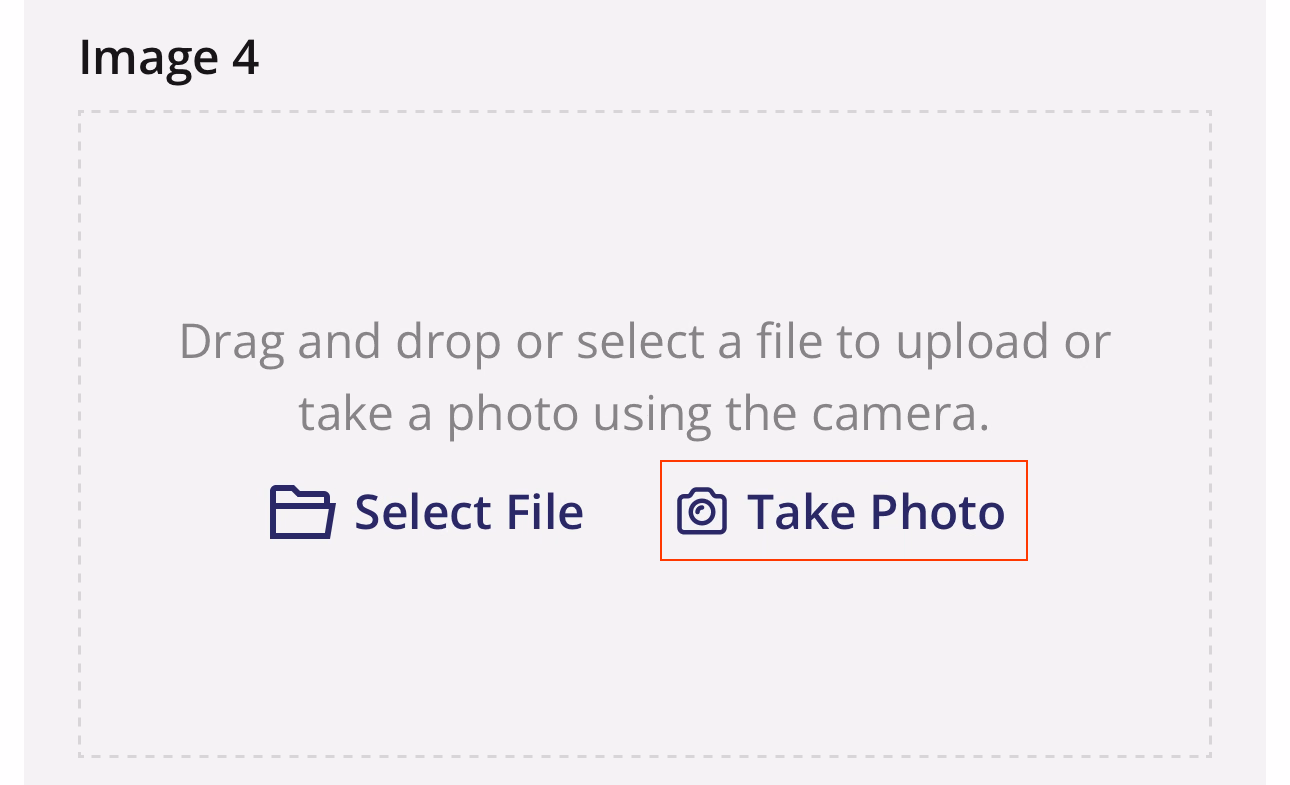 Photo question field showing Select File and Take Photo buttons