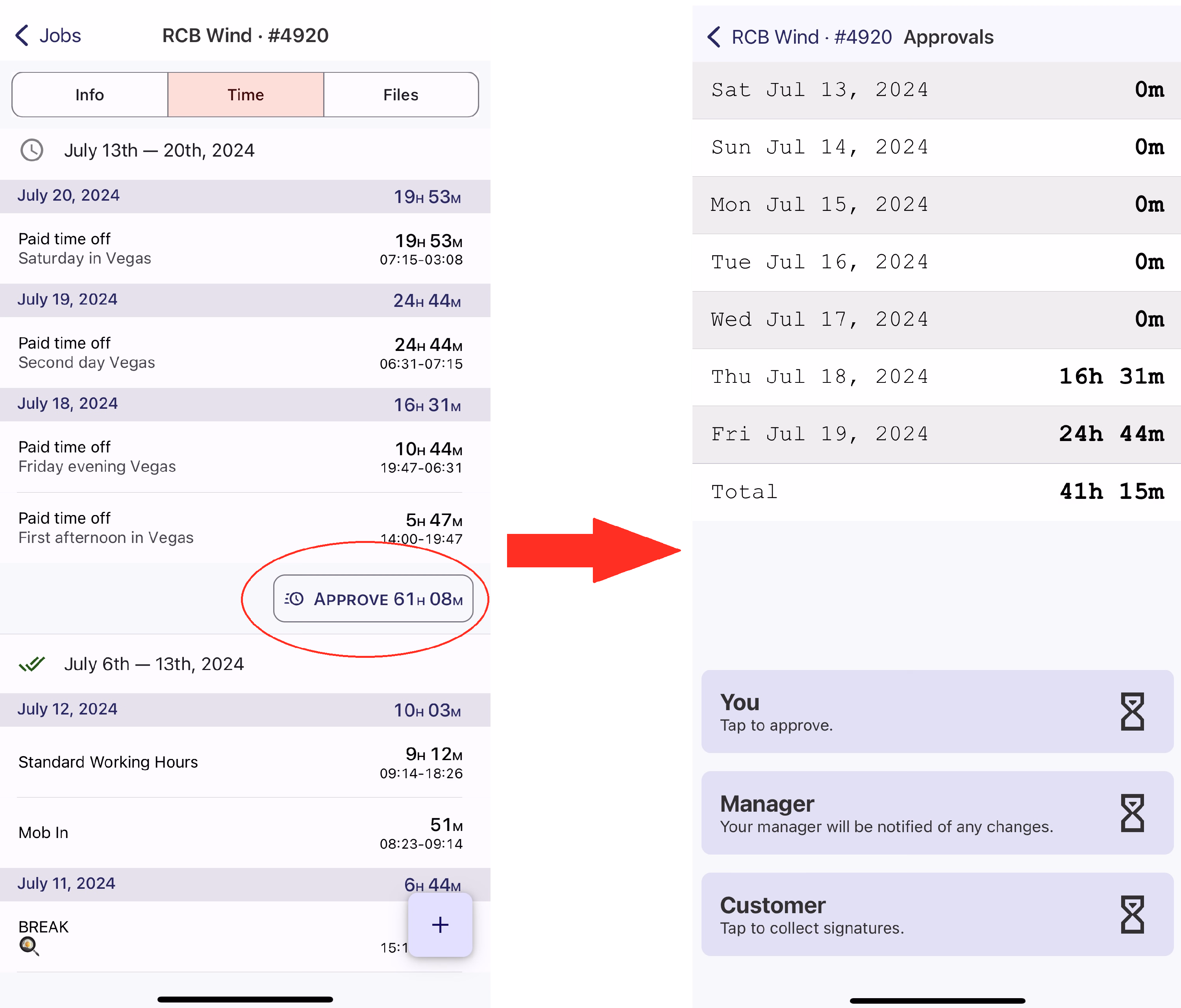 Tapping the Approve button on a week opens the approval screen with daily totals and approver tiles