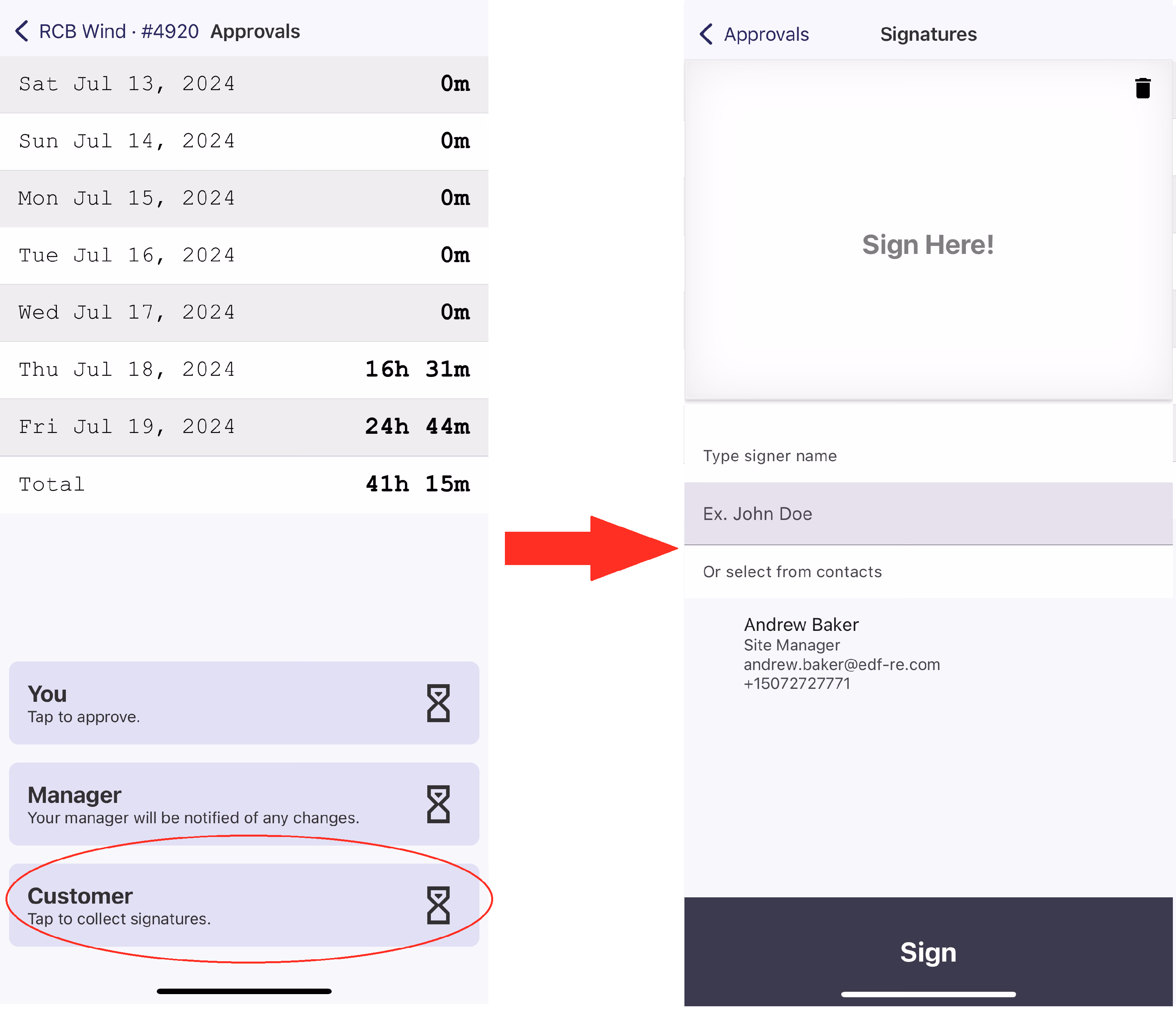 Tapping the Customer tile opens the Signatures screen with a signature field and contact selector
