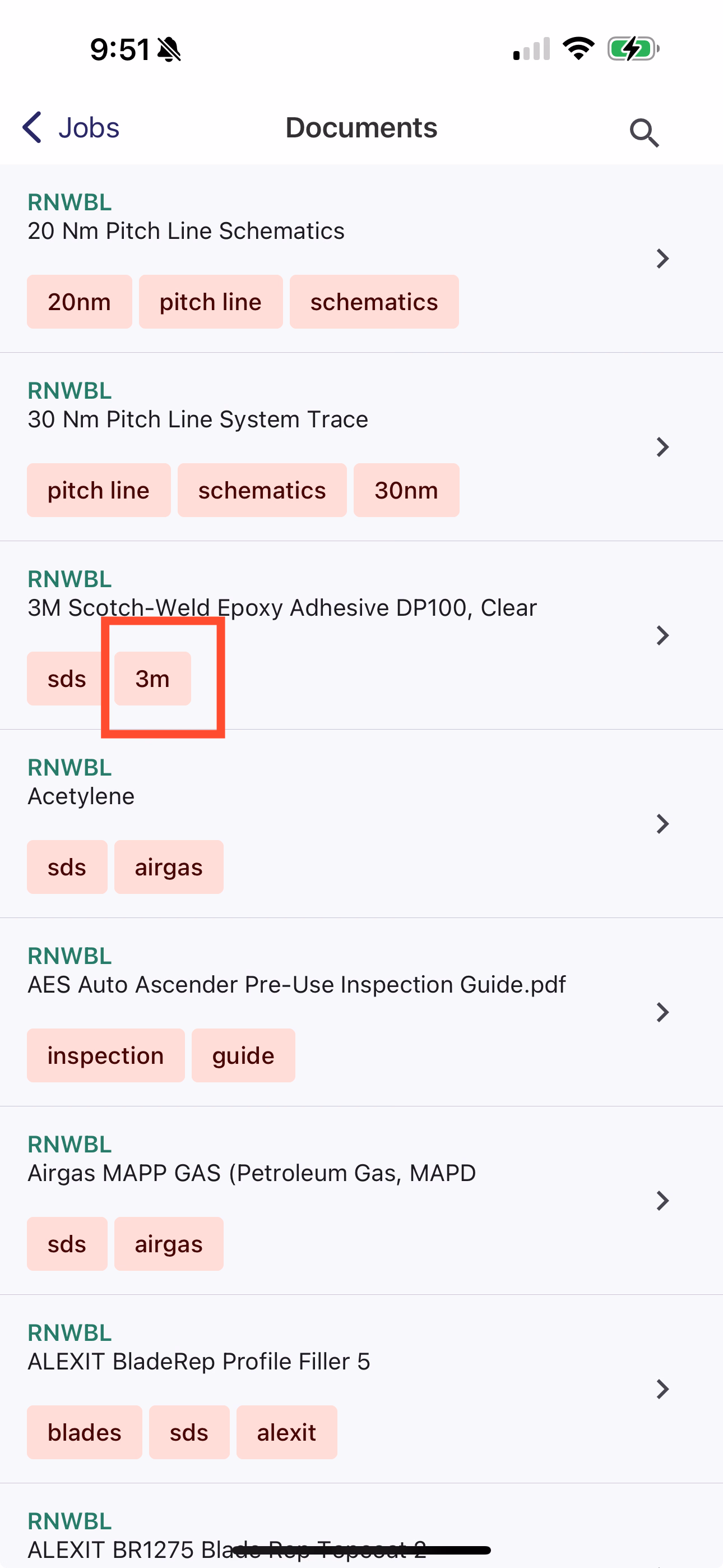 Documents page with a tag highlighted in red to demonstrate tapping it to filter