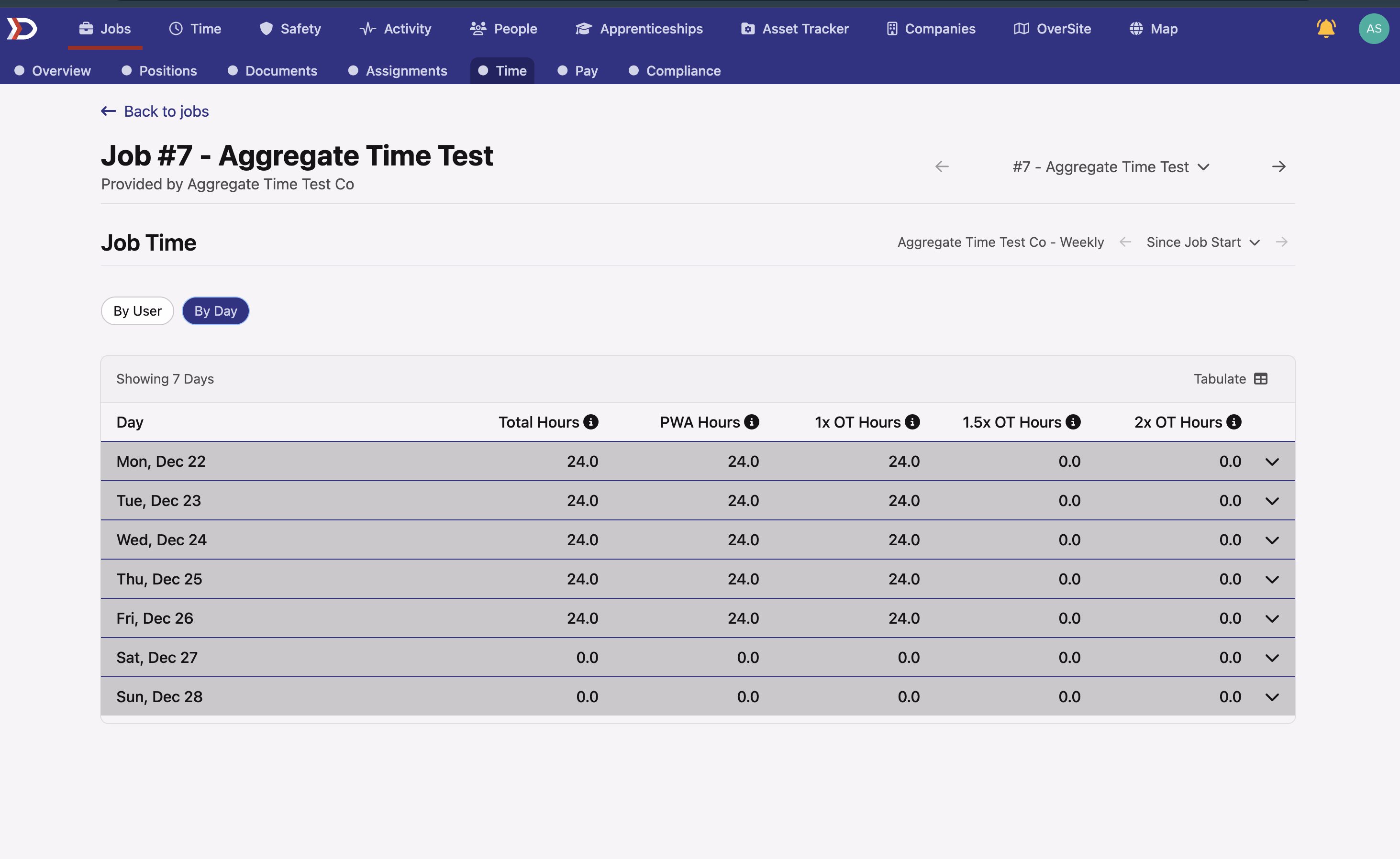 Job Time Tab Interface (day view)
