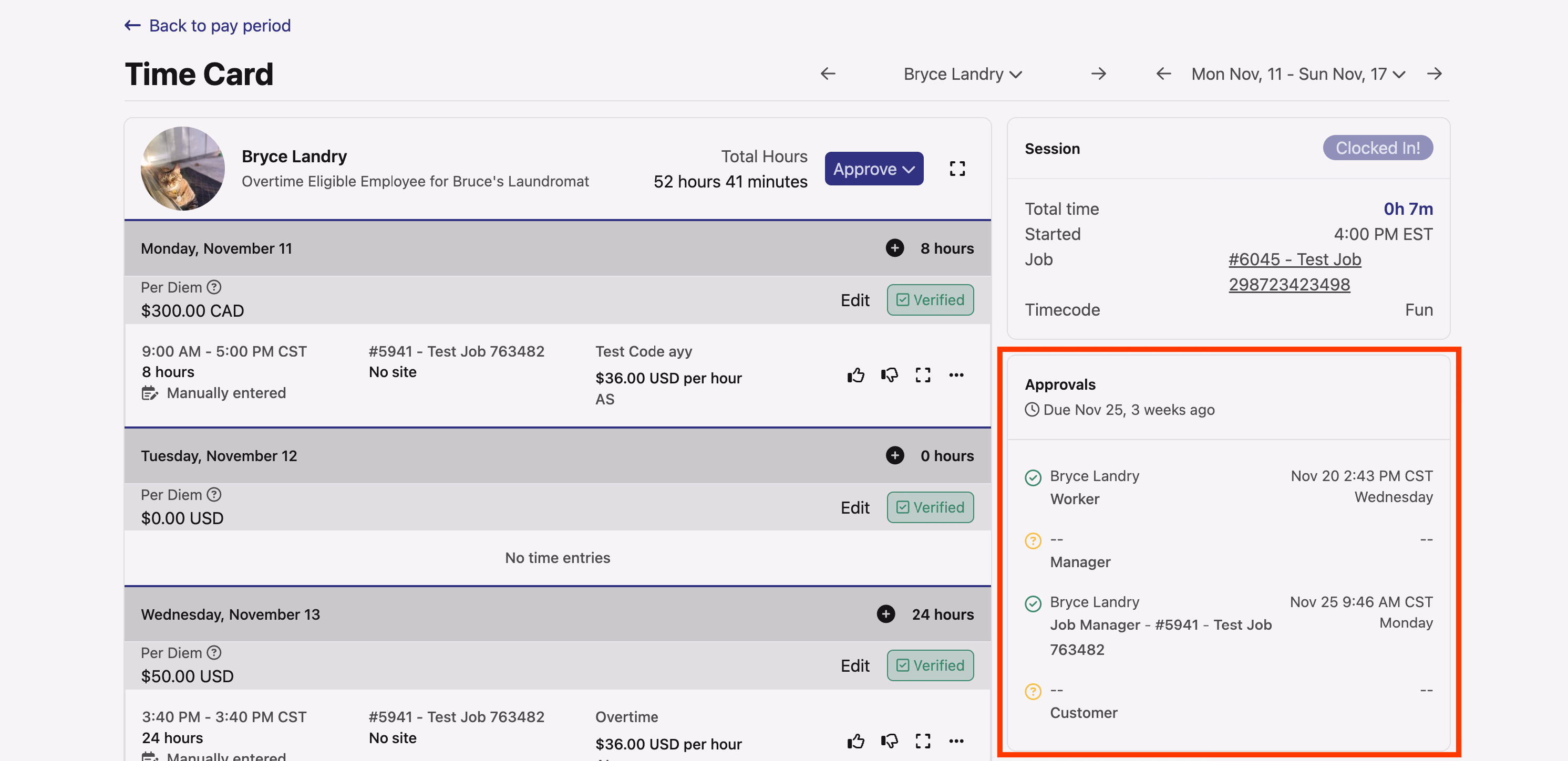 Approvals box on a time card showing worker and manager approval status with timestamps