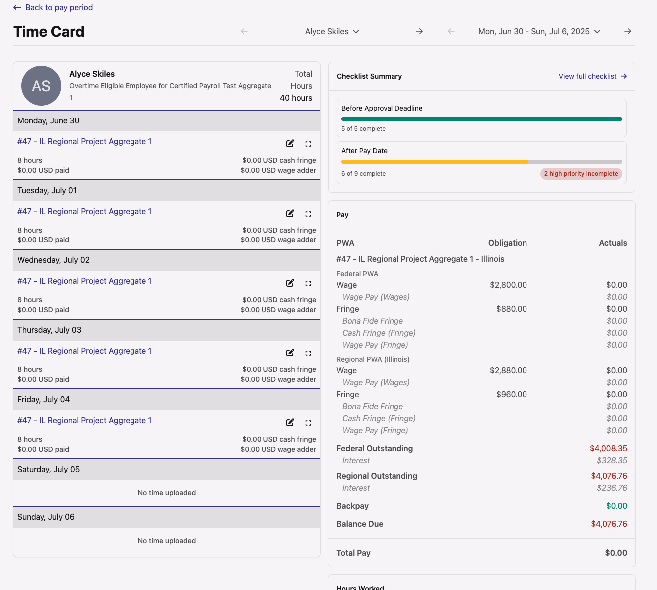 Time card view with a Checklist Summary panel showing Before Approval Deadline and After Pay Date progress bars