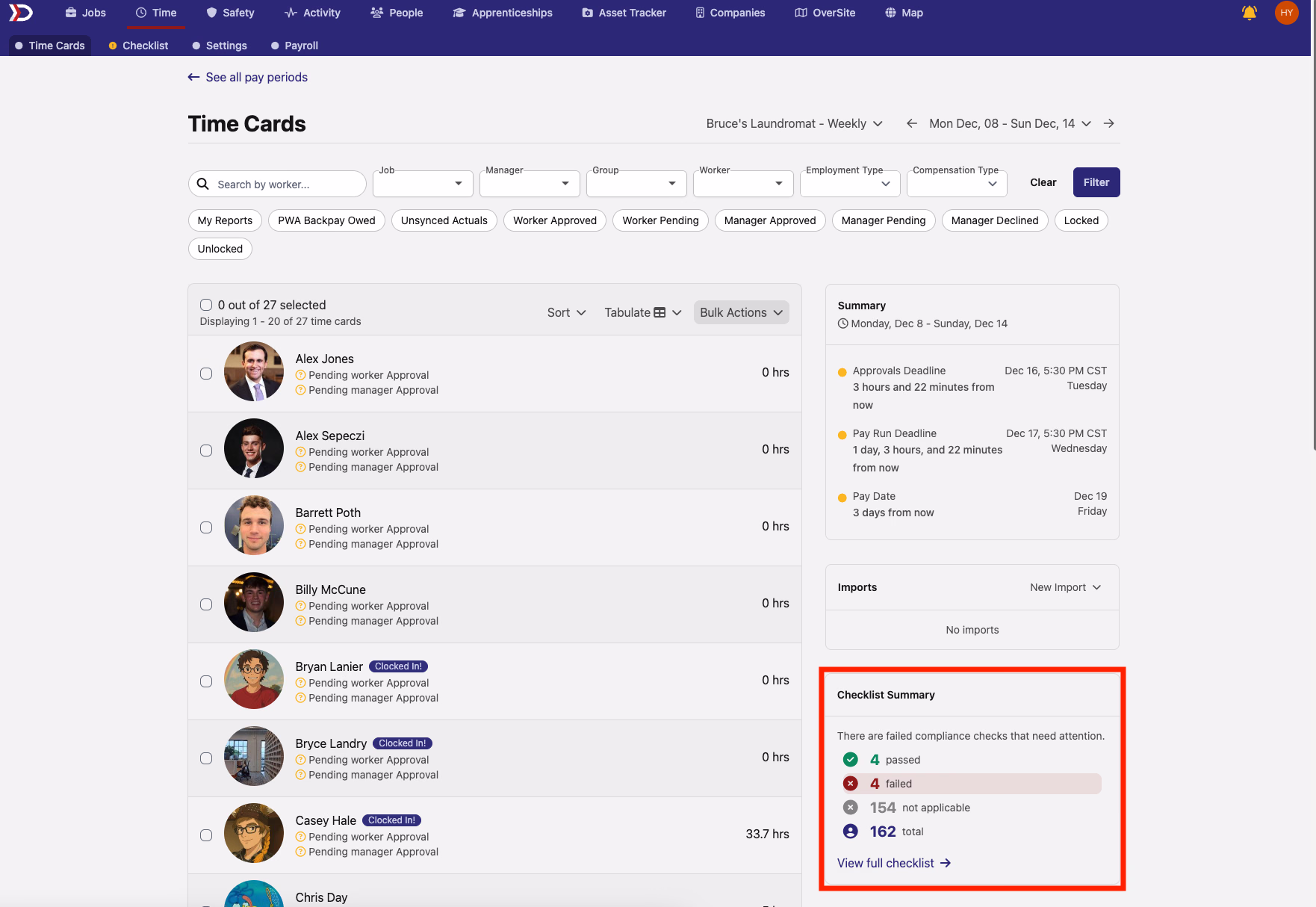 Checklist Summary box showing passed, failed, and not-applicable compliance check counts