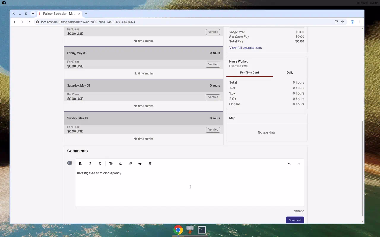Time card detail page with the new Comments section at the bottom and a comment typed into the rich-text editor
