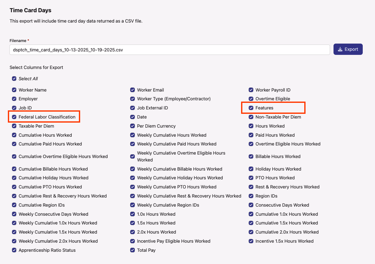Time Card Days export setup with Federal Labor Classification and Features selected