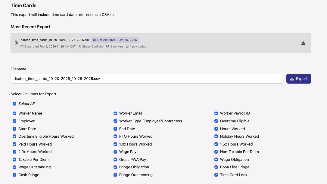 Time Card Export Dashboard