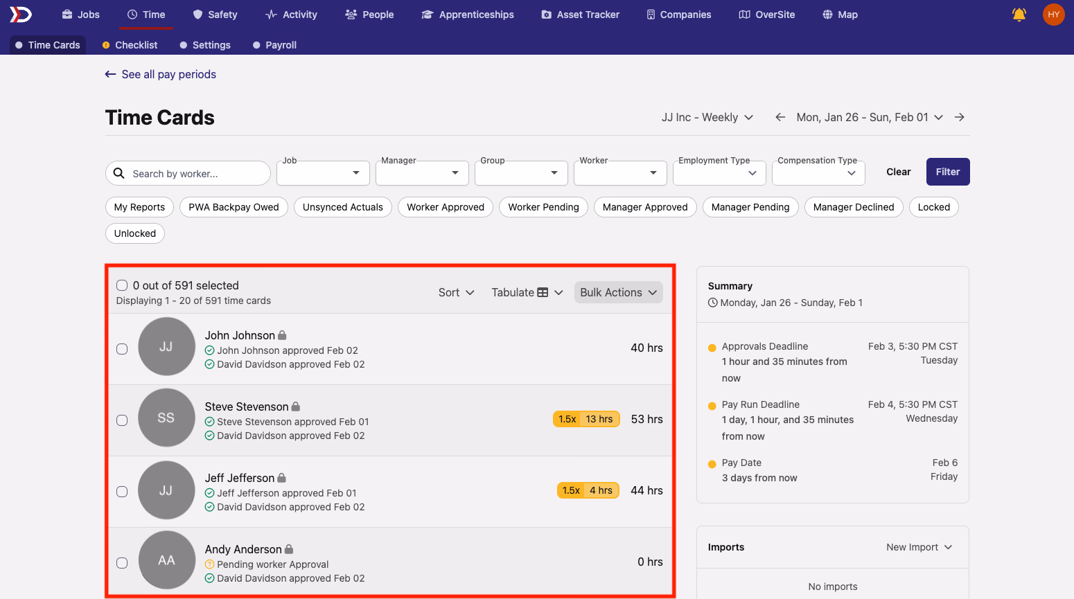 Time Cards list showing per-worker hour totals and overtime multiplier pills