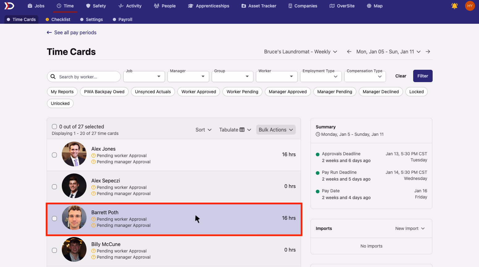 Time Cards list with a worker row highlighted showing click to open individual card