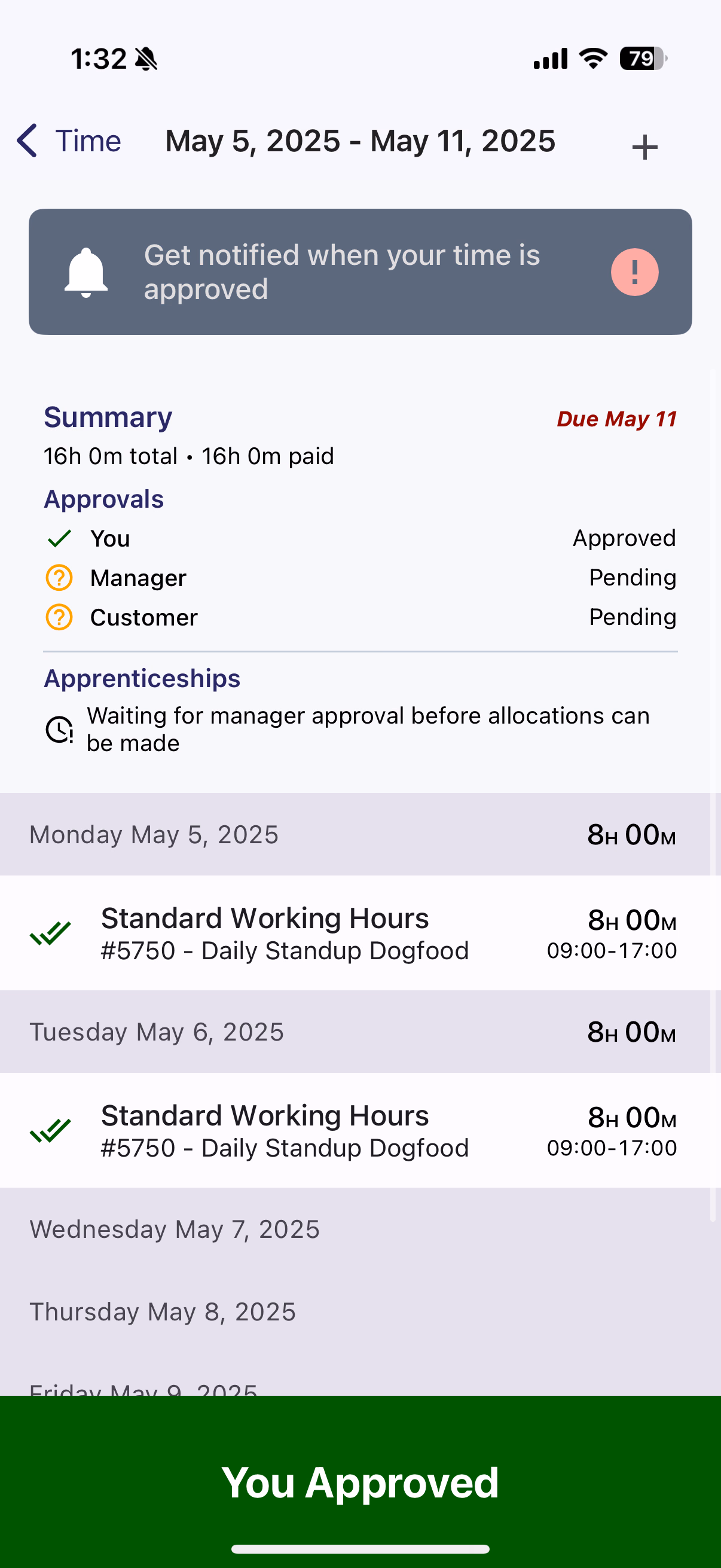 Time card detail showing double green checkmarks for both user and manager approval
