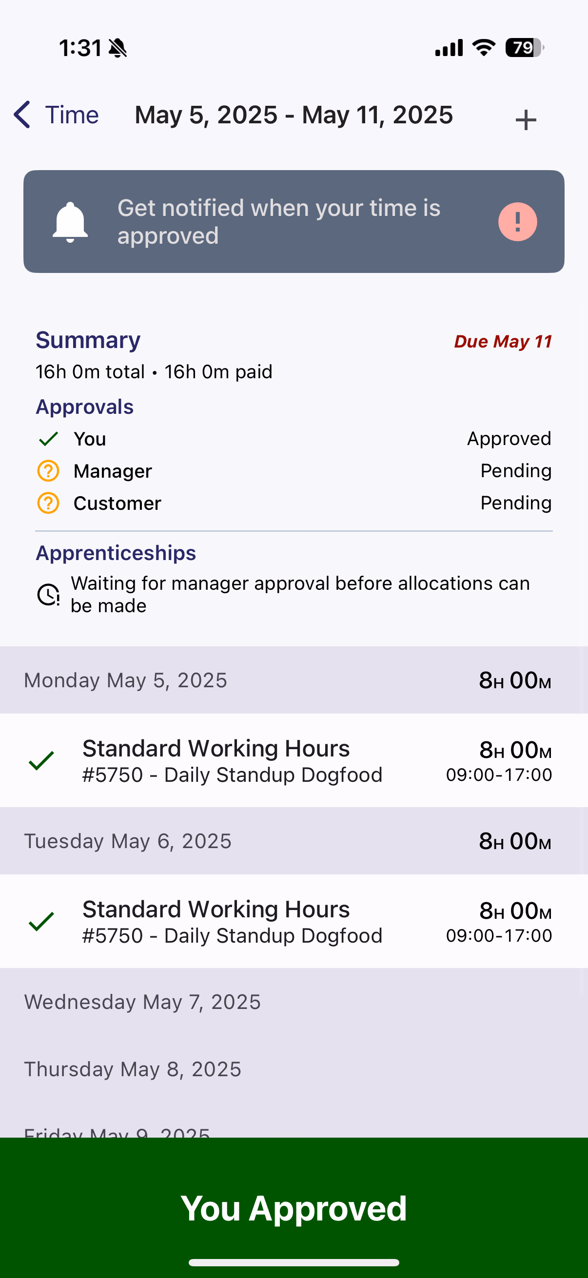 Time card detail showing You Approved green bar with single checkmark
