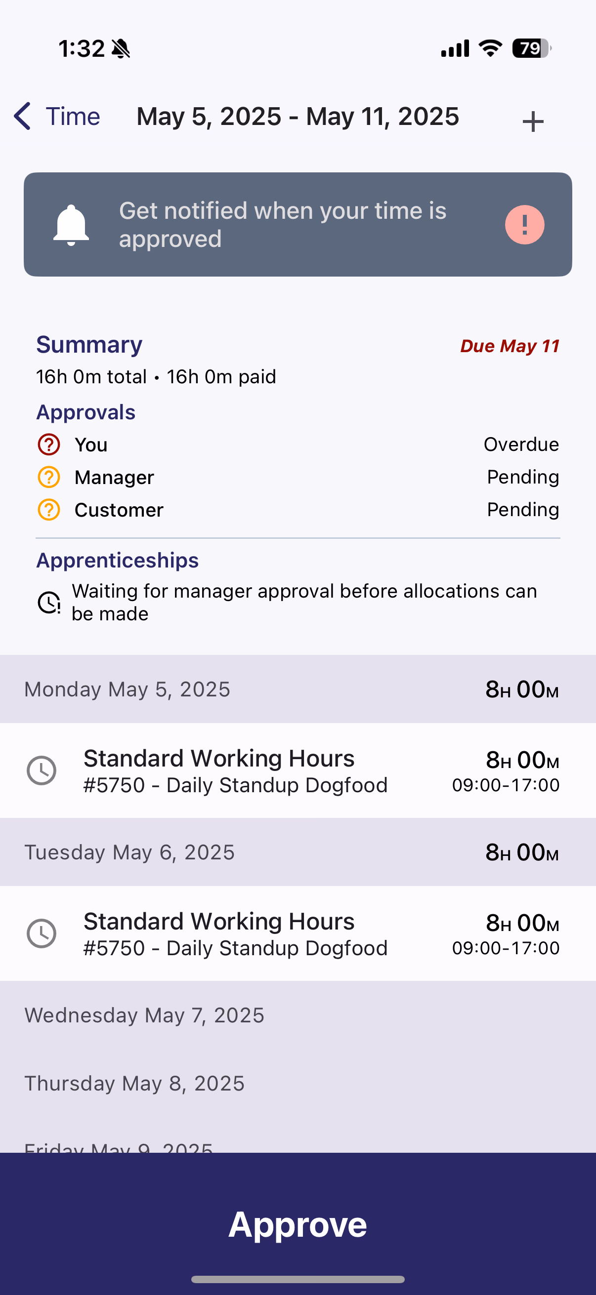 Time card detail showing gray clock icons on unapproved entries with blue Approve bar