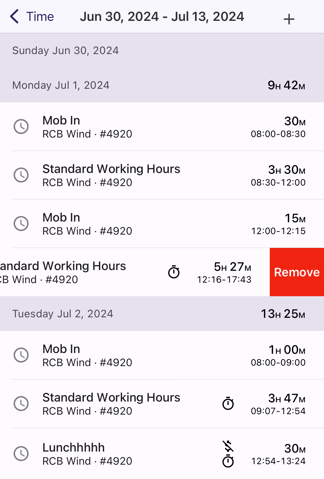 Time Card entries list with one entry swiped left to reveal the red Remove button