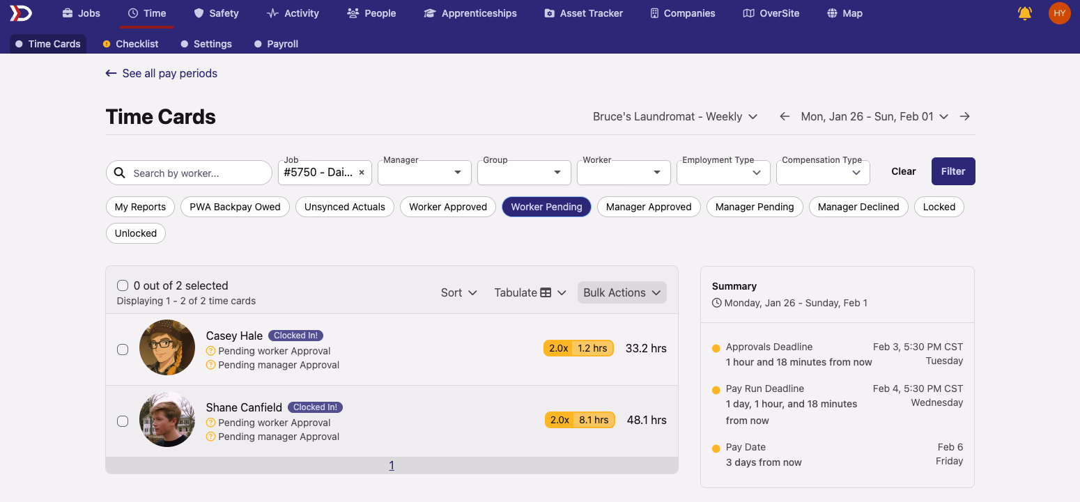 Time Cards page with job and Worker Pending filters applied showing filtered results