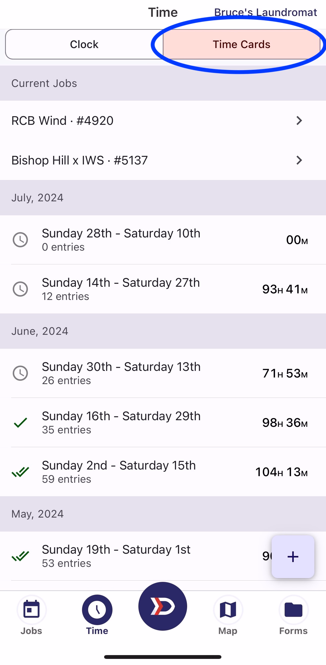 Time screen with Time Cards tab highlighted in top navigation and pay periods listed