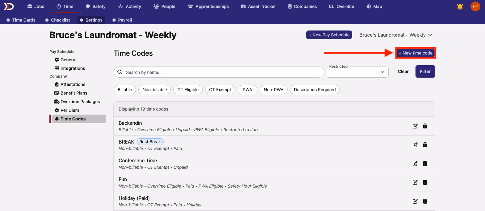 Time Codes settings page with the New Time Code button highlighted